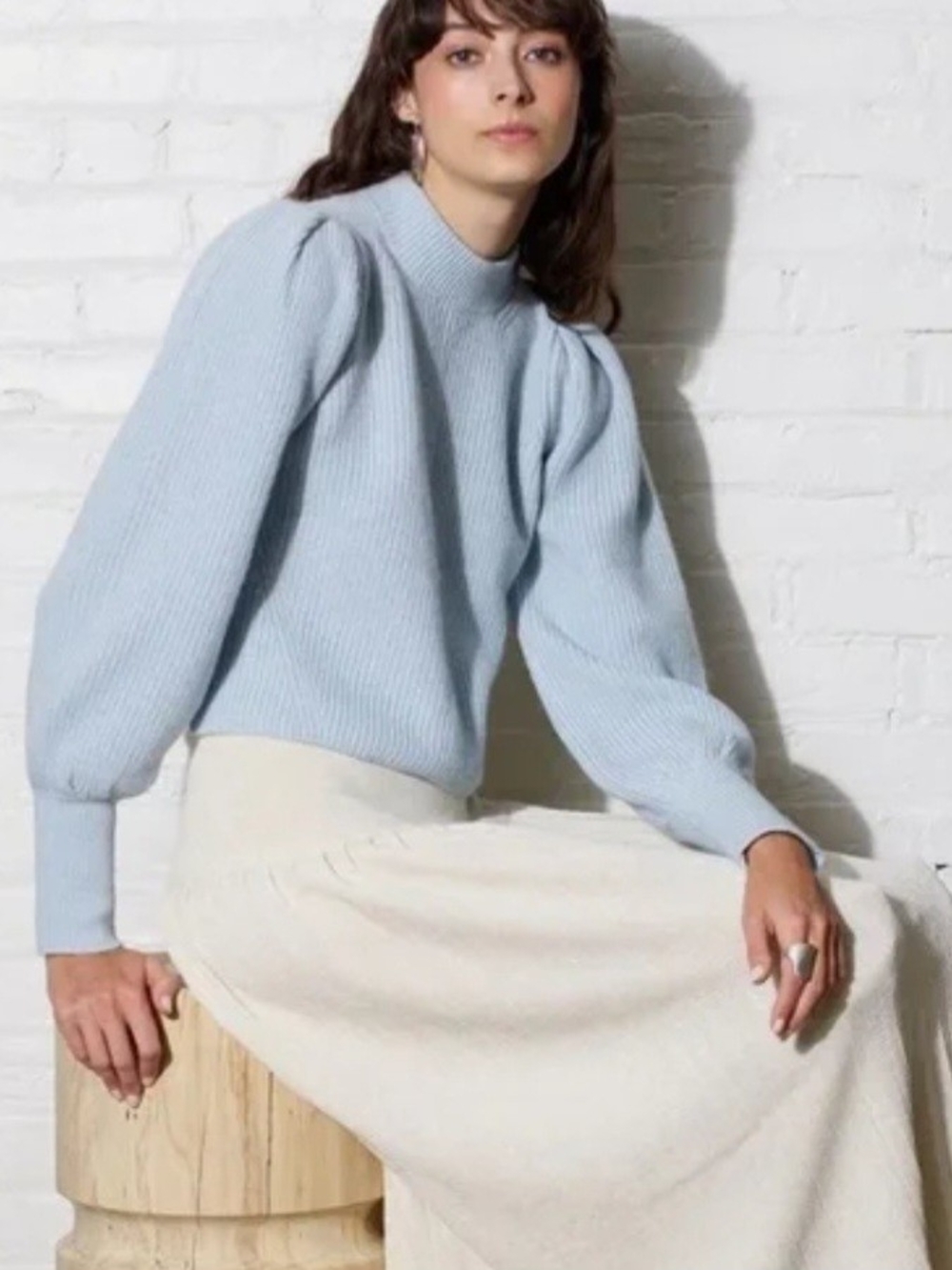 Eleven Six Mia 100% Alpaca Ribbed Puff Sleeve Sweater in Powder/Soft Blue S